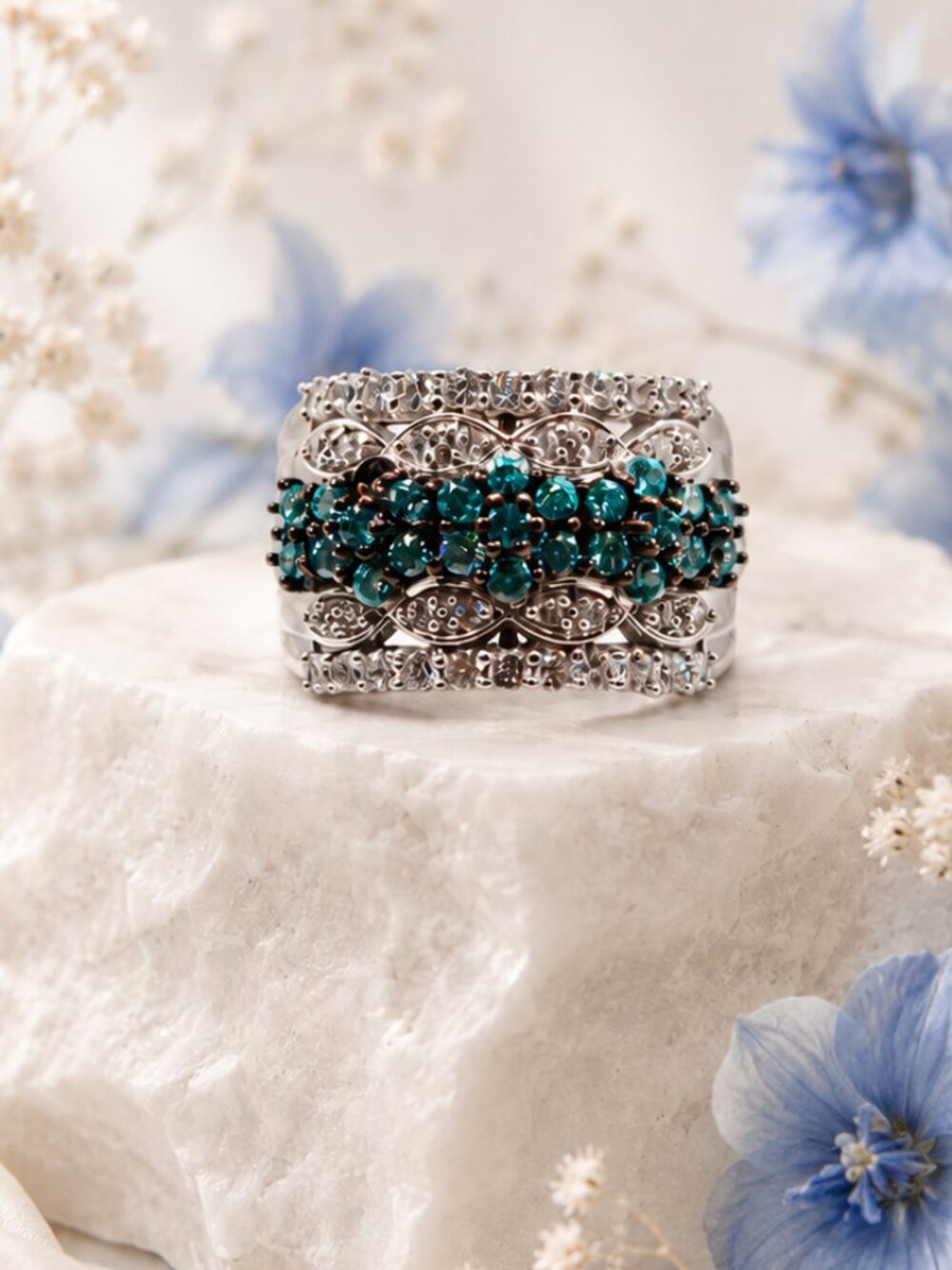 Multi-Row Diamond Silver Statement Ring